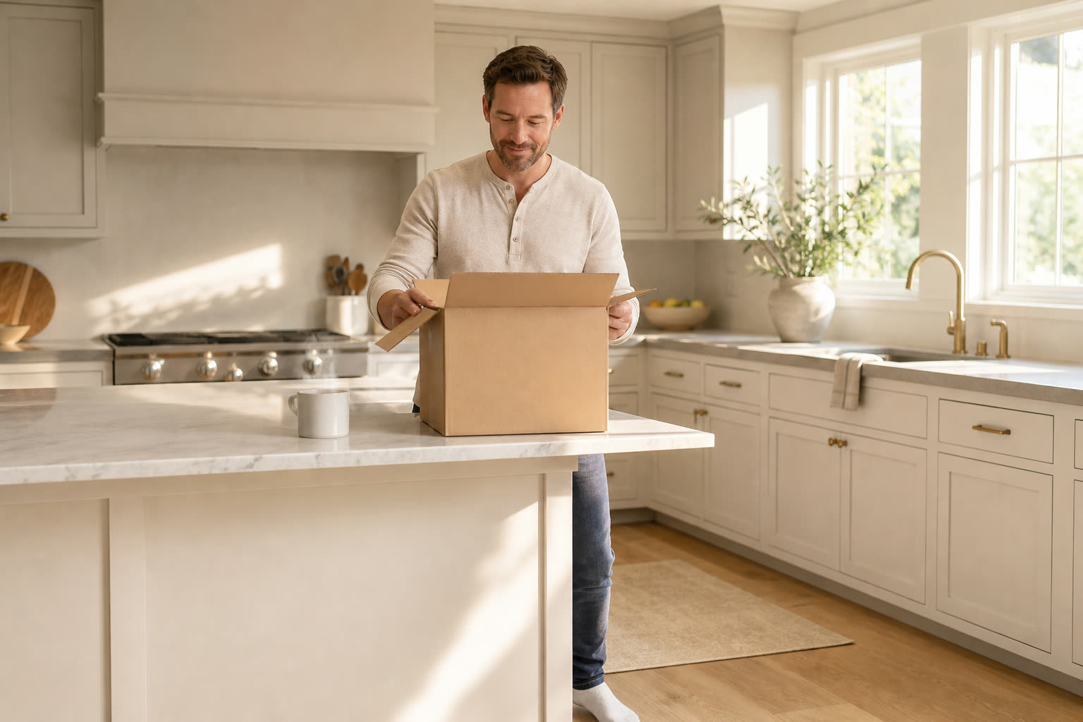 A man opening a plain unmarked delivery box at his kitchen counter, coffee steaming beside him