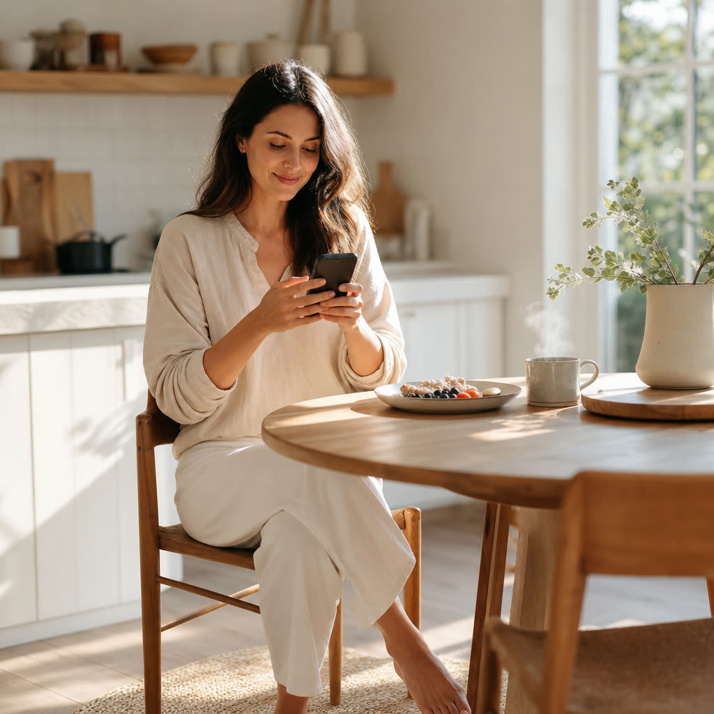 A woman answering questions on her phone at a bright breakfast table, coffee steaming