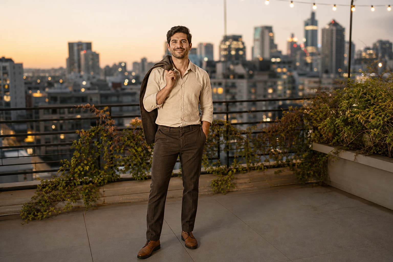 A man on a rooftop terrace at dusk, jacket over his shoulder, city lights coming on