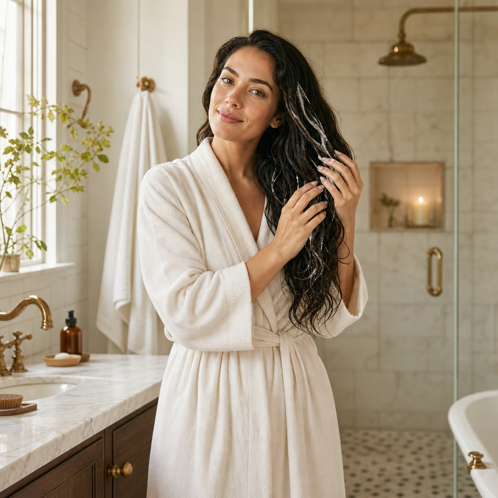 A woman working a treatment through her waves at the bathroom counter, calm in morning light