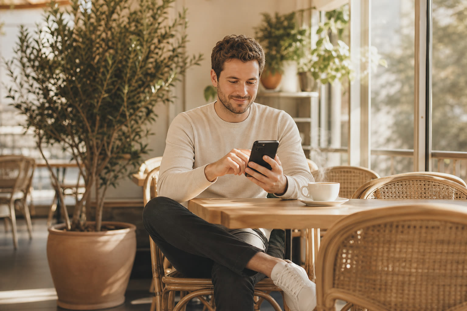 A man completing a short questionnaire on his phone at a sunlit cafe table on his lunch break