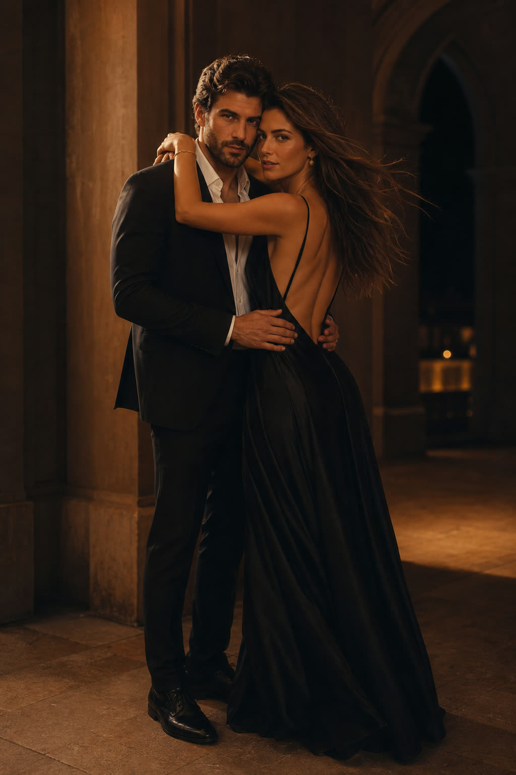 An elegant couple dancing close in warm shadow at night, her arms around his neck