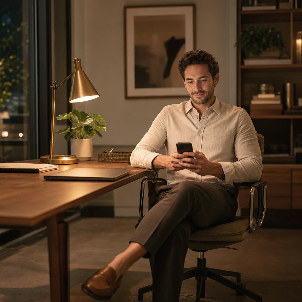 A man at his desk in the evening, laptop closed, answering questions on his phone