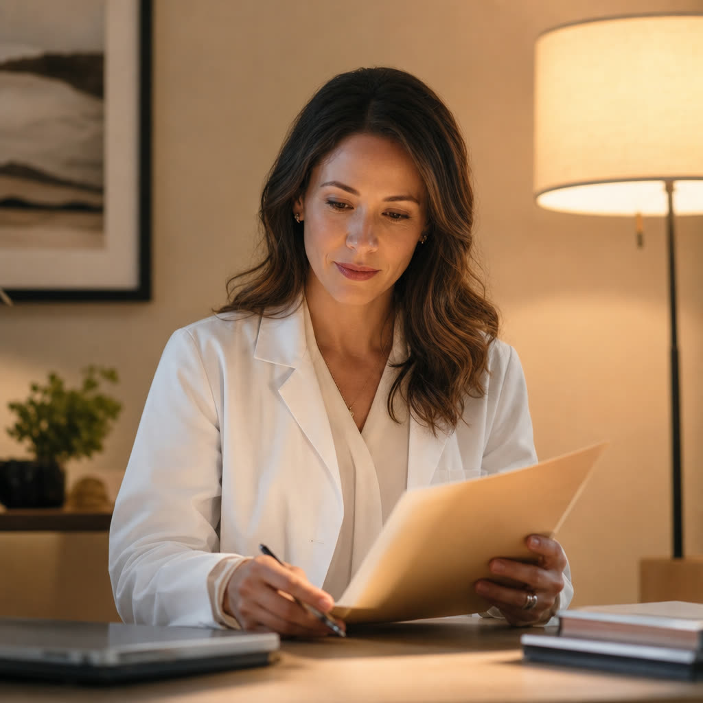 A clinician reviewing notes carefully under a soft evening lamp
