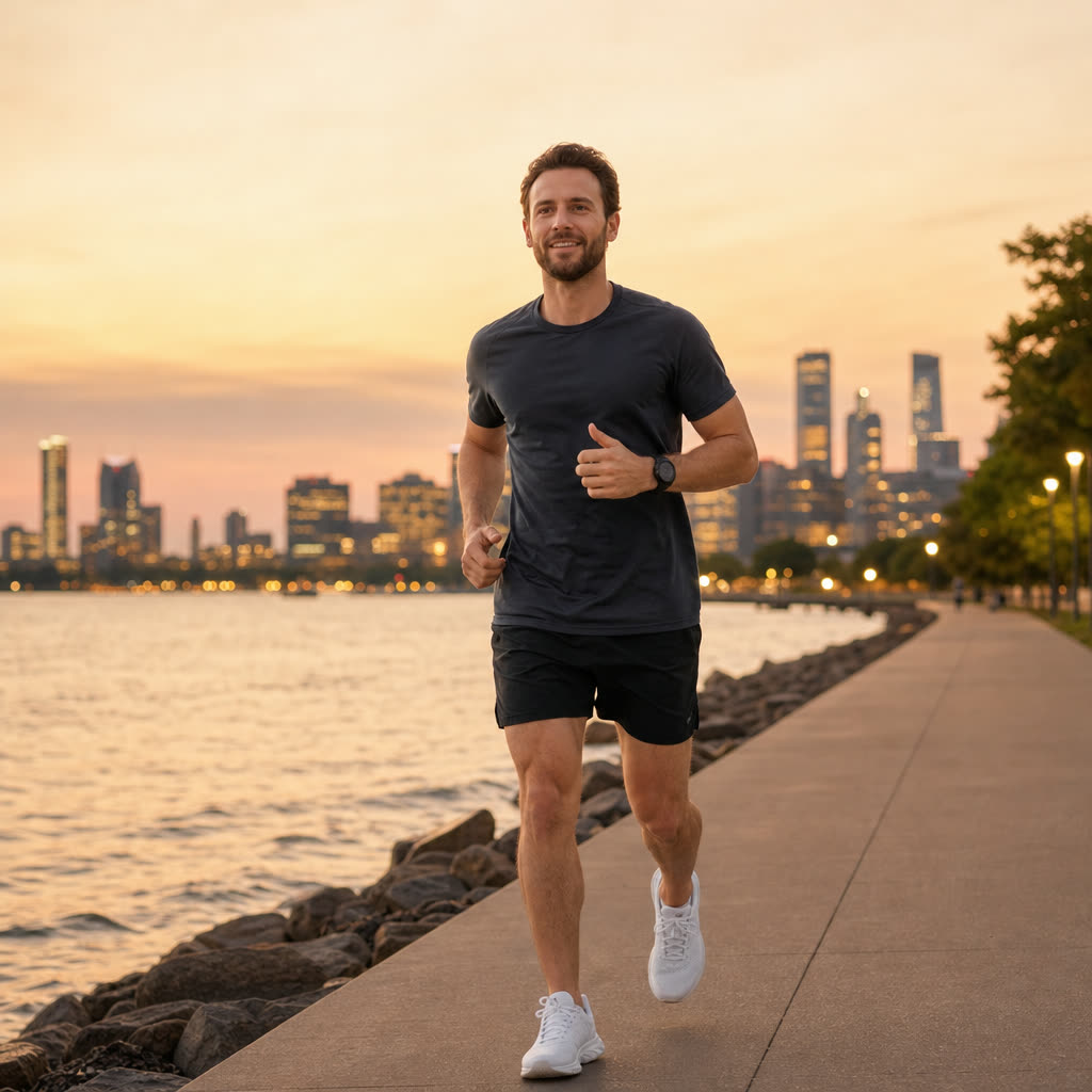 A man on an easy evening run along the waterfront as the city lights come on
