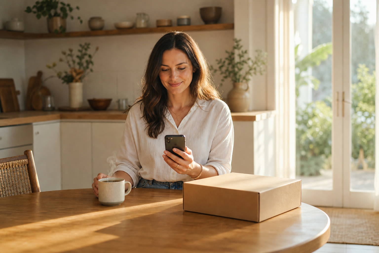 A woman reading a message at a sunlit kitchen table beside a plain unmarked delivery box