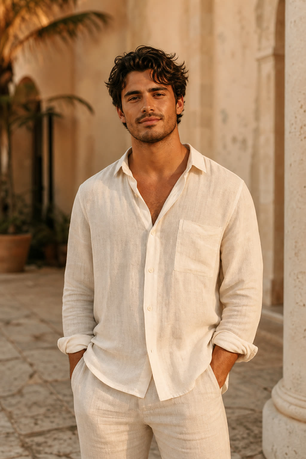 A man in his 20s with thick dark hair in golden evening light, quietly confident