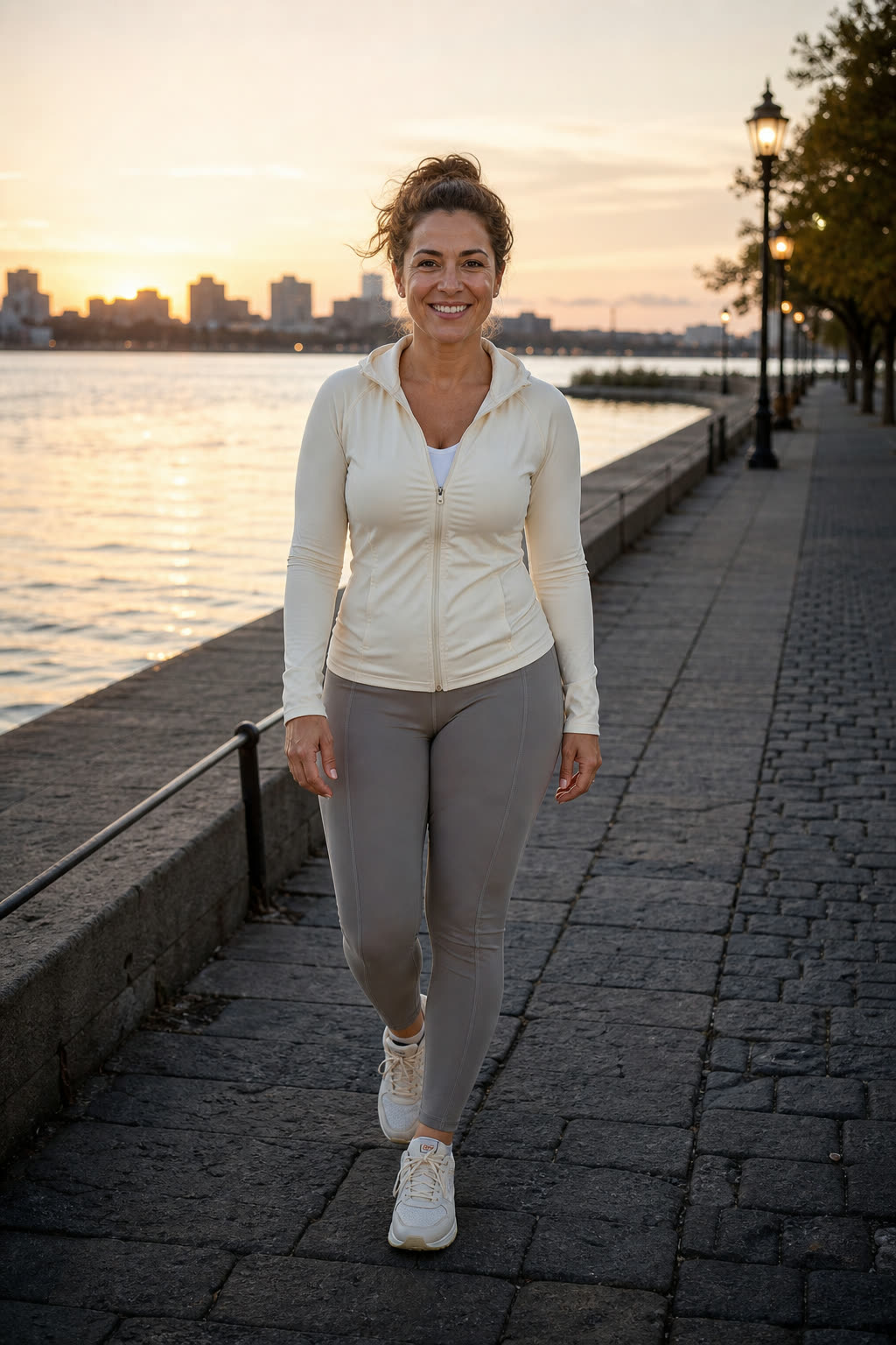 A woman in her 40s on a brisk dusk walk along the river, joyful and at ease