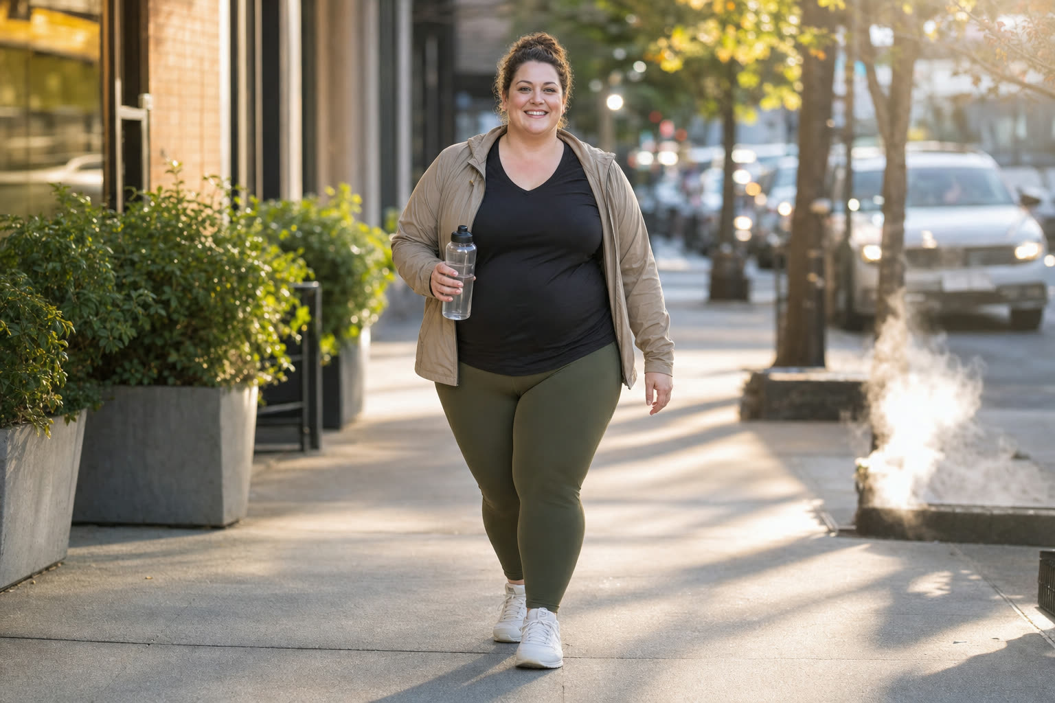 A heavier woman mid-journey walking a bright morning street with purpose and a wide smile