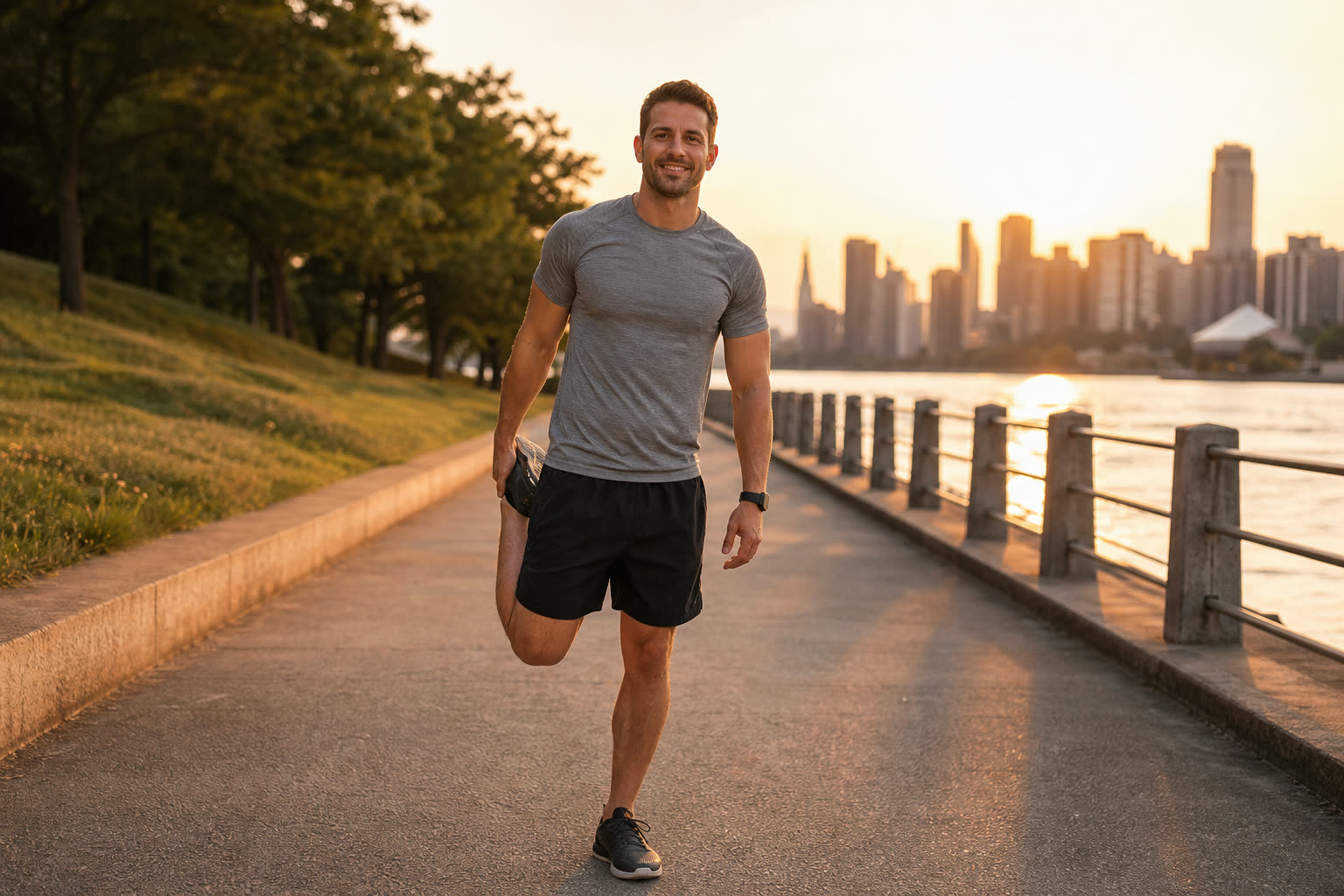 A man stretching after an evening run on the waterfront, easy smile in dusk light