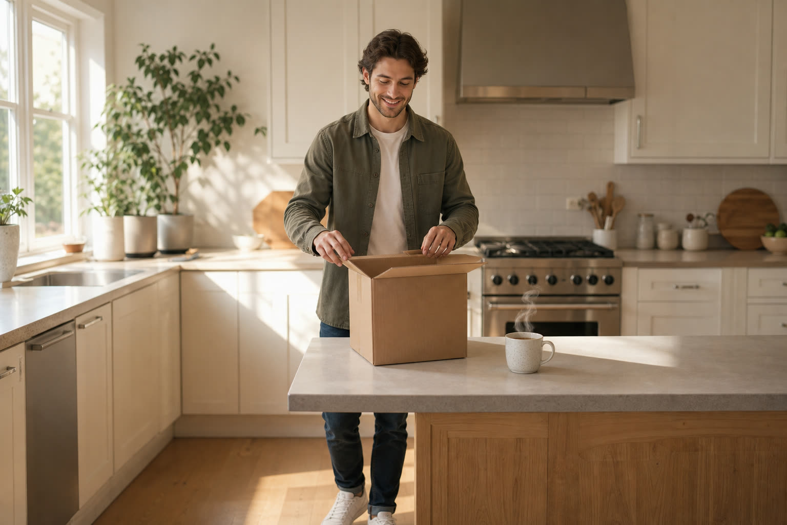 A young man opening a plain unmarked delivery box at his kitchen counter, coffee steaming beside him