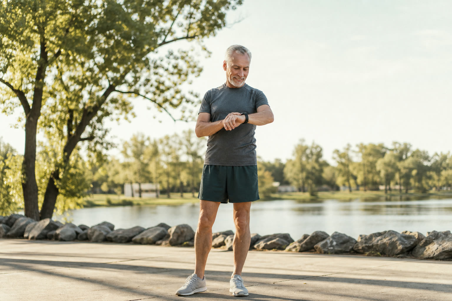 A 60s man with a athletic build checking a smartwatch after a walk, satisfied with the number
