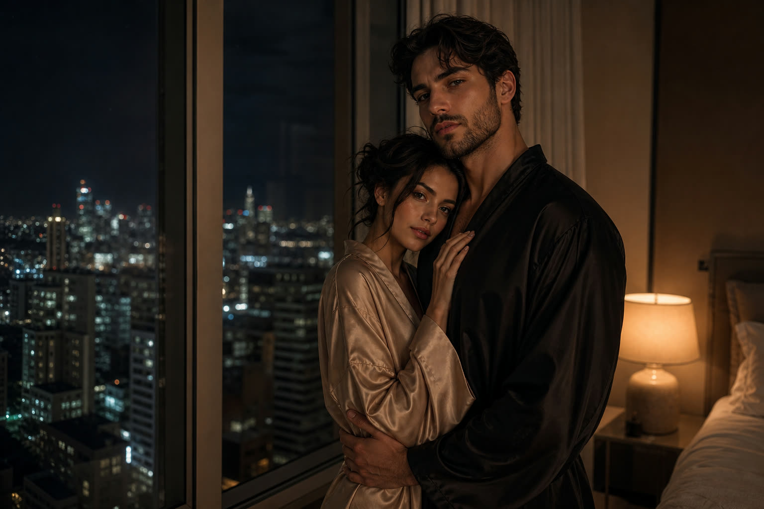 A couple standing entwined beside a tall bedroom window, city lights far below