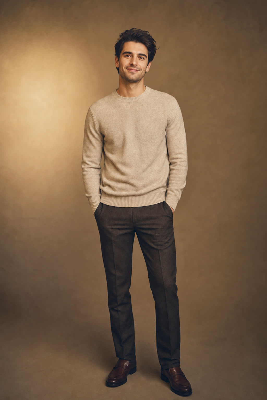 A young man with excellent thick dark hair, half-grinning at the camera