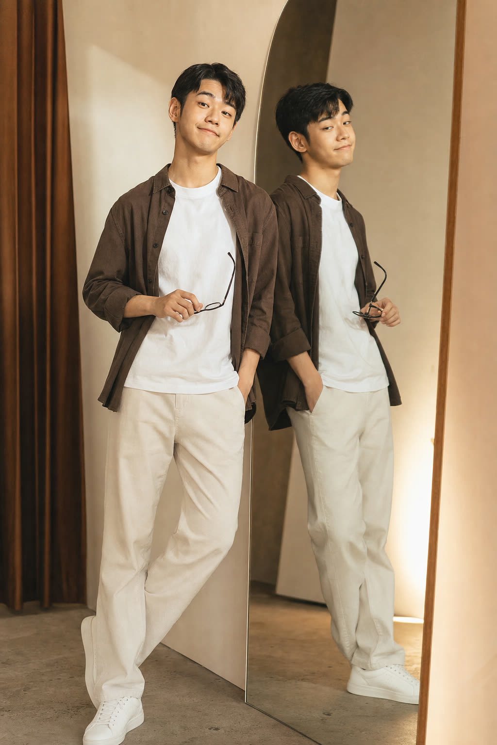 A young man with a half-grin leaning against a mirror, his reflection tilted a little cockier