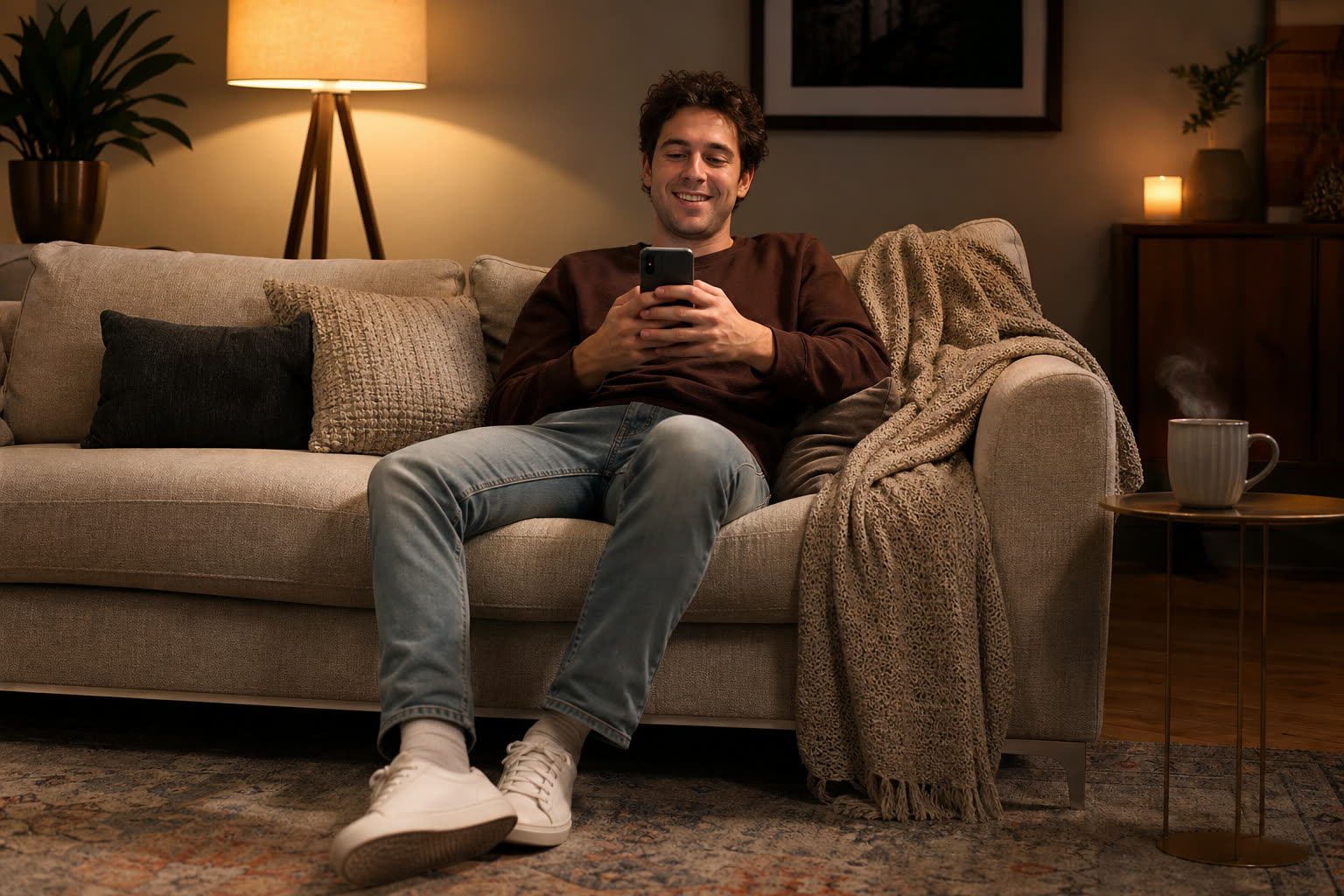 A young man on his sofa completing a short questionnaire on his phone