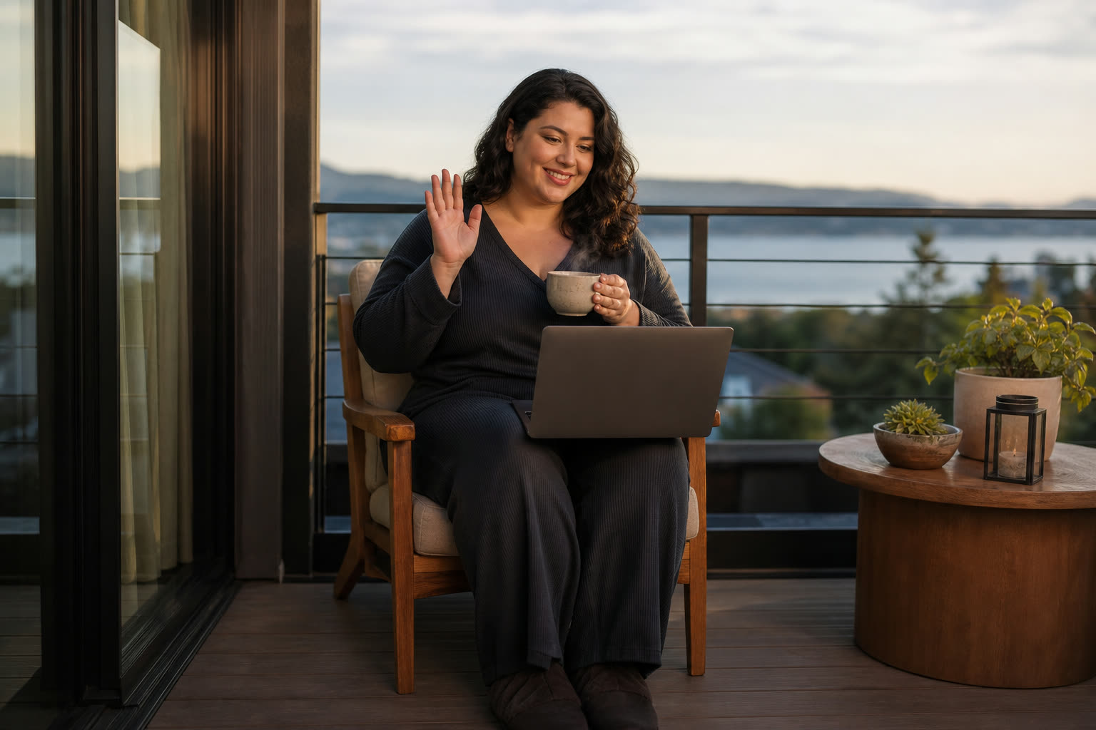 A late 20s woman with a broad-shouldered stocky build waving at a follow-up video call on a balcony with tea