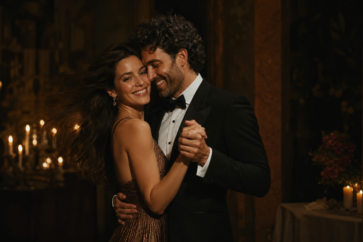 A young couple dancing very close at night, her arms around his neck, in warm bronze light