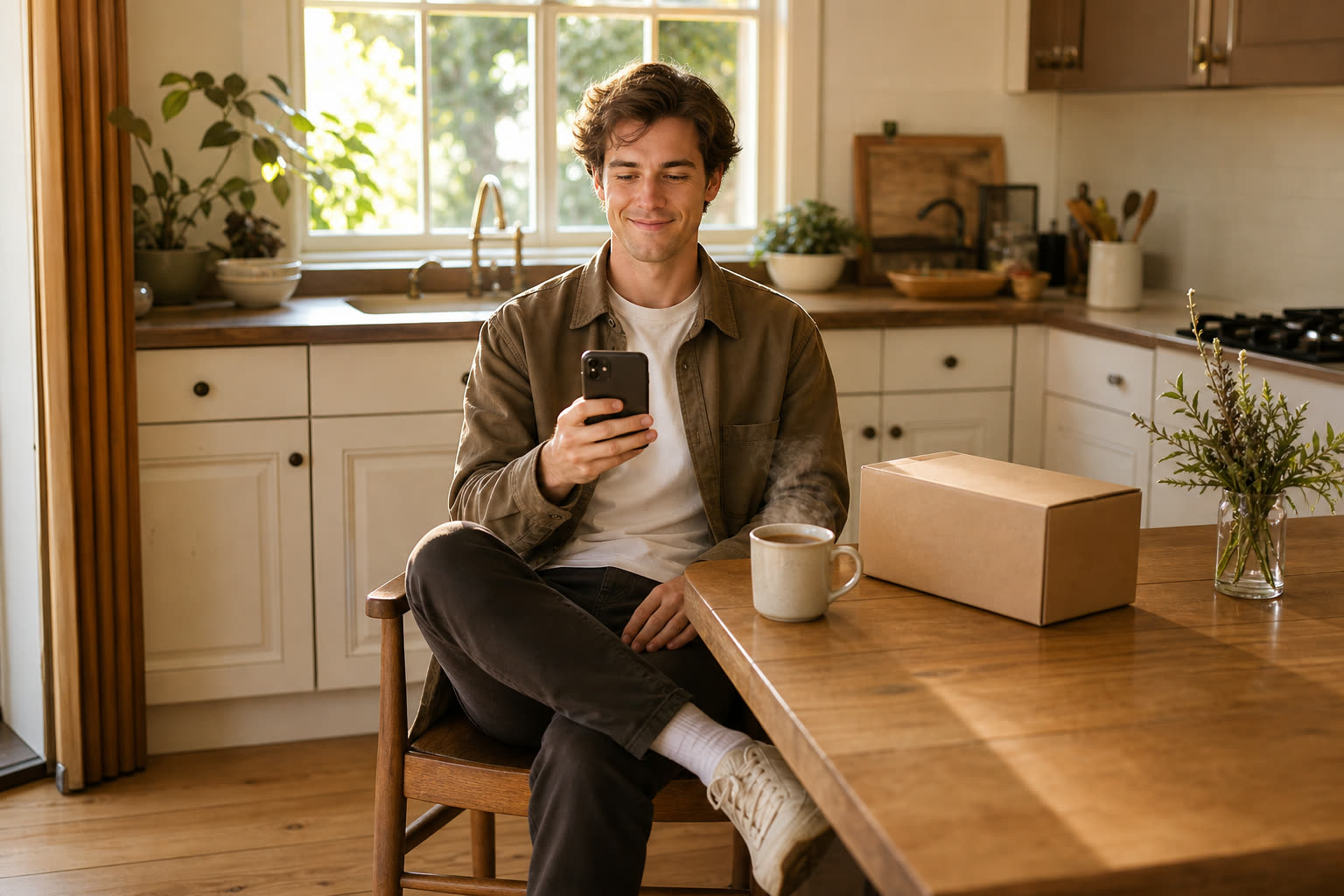 A young man reading a message at a sunlit kitchen table beside a plain unmarked delivery box