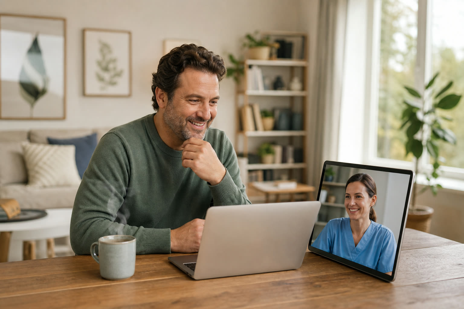 A 40s man with a soft curvy build in a warm conversation with a care-team member on a laptop, visibly relieved