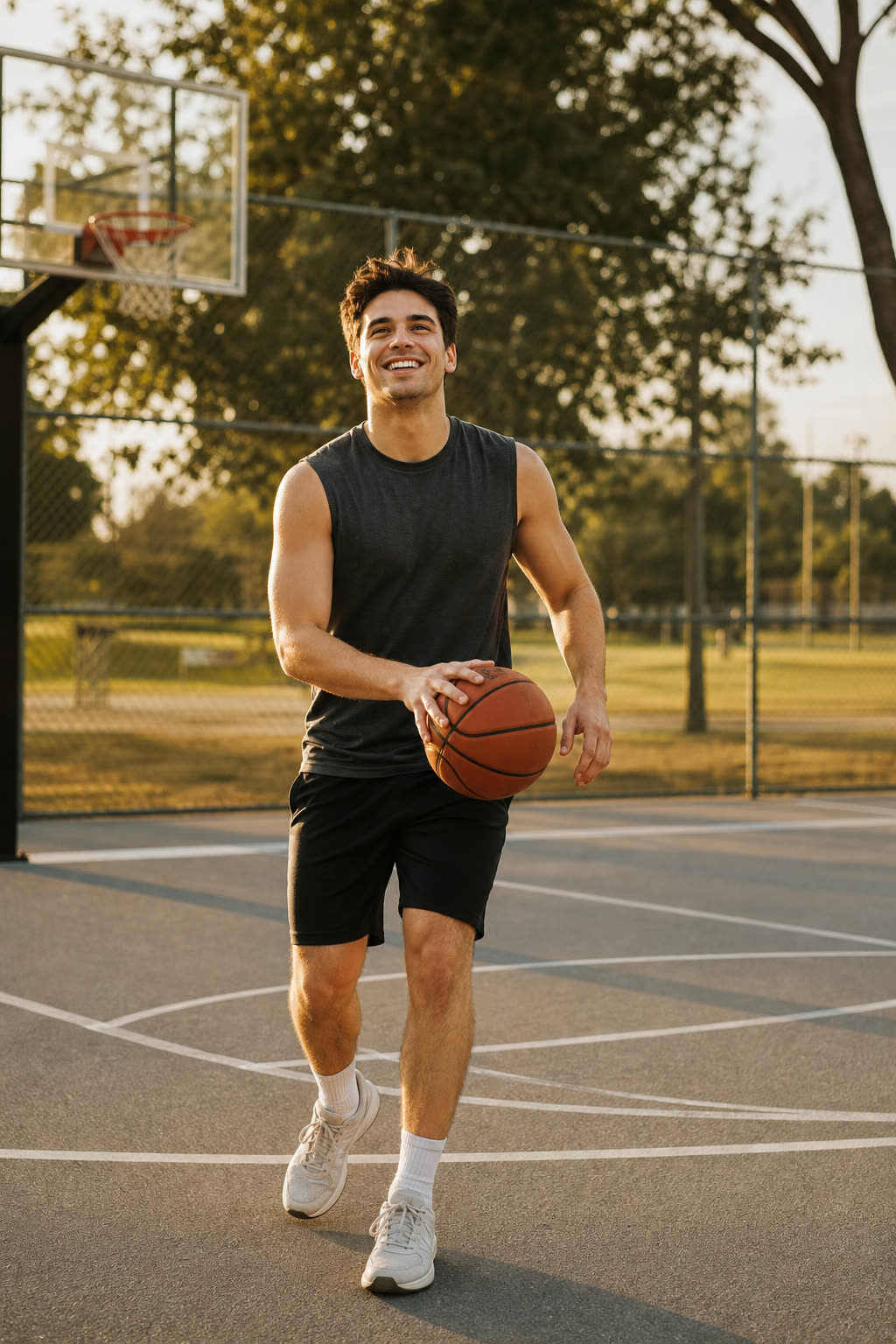 A man with a soft, strong build shooting hoops alone at golden hour