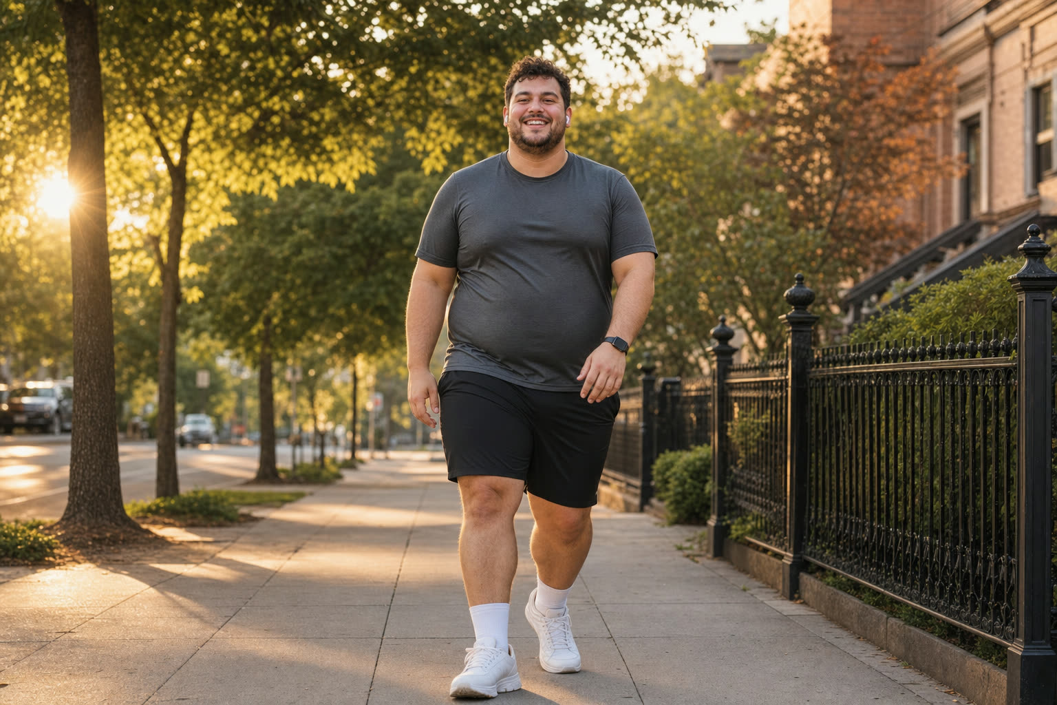 A heavier young man mid-journey walking a sunlit street with earbuds and a big smile