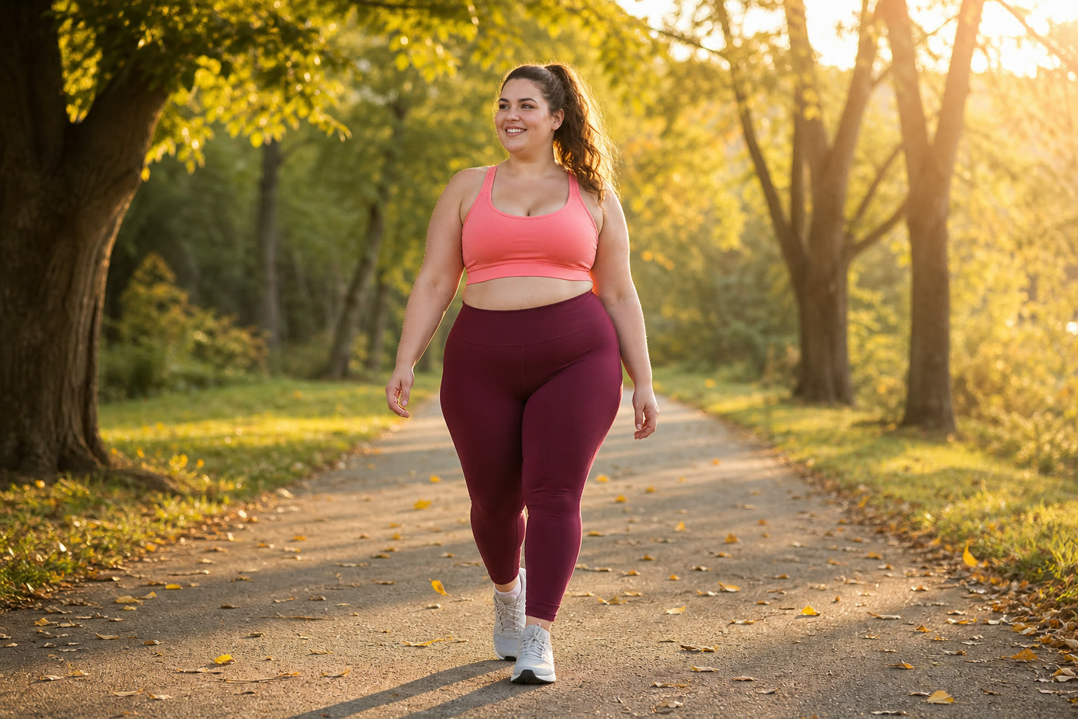 A late 20s woman with a soft curvy build walking a tree-lined path at sunrise in bright activewear, mid-stride and smiling