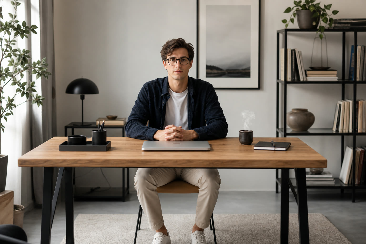 The same young man at his work desk in cool daytime light