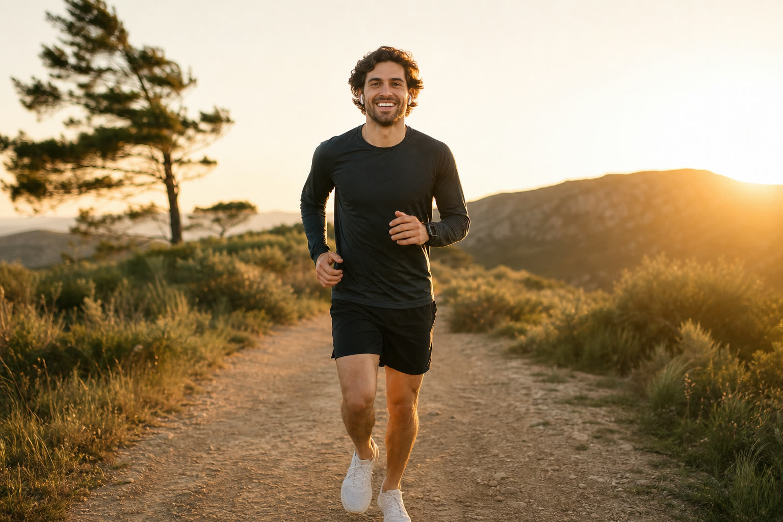 The same young man out on a golden-hour trail mid-run, grinning