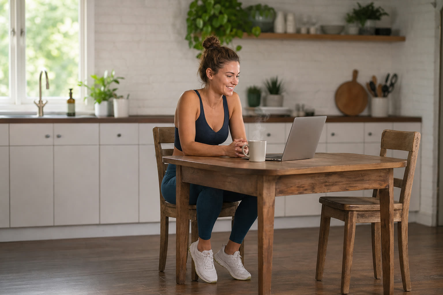 A early 20s woman with a athletic build in a video visit with a clinician on a laptop at a kitchen table, engaged and reassured