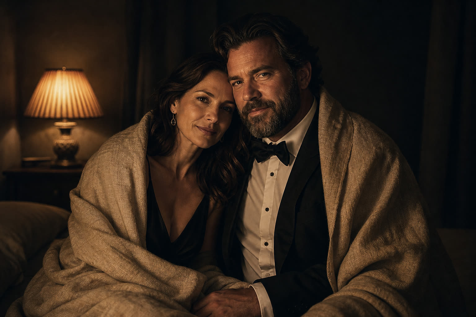A couple under a single bedside lamp, everything else in shadow