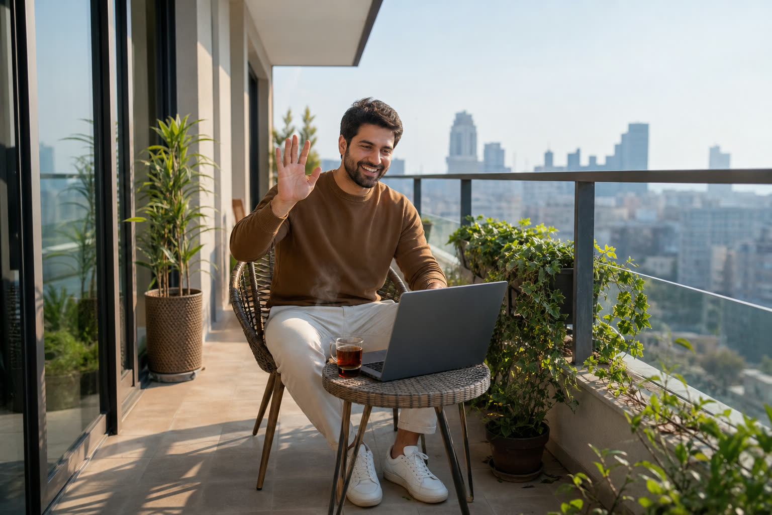 A early 30s man with a broad-shouldered stocky build waving at a follow-up video call on a balcony with tea