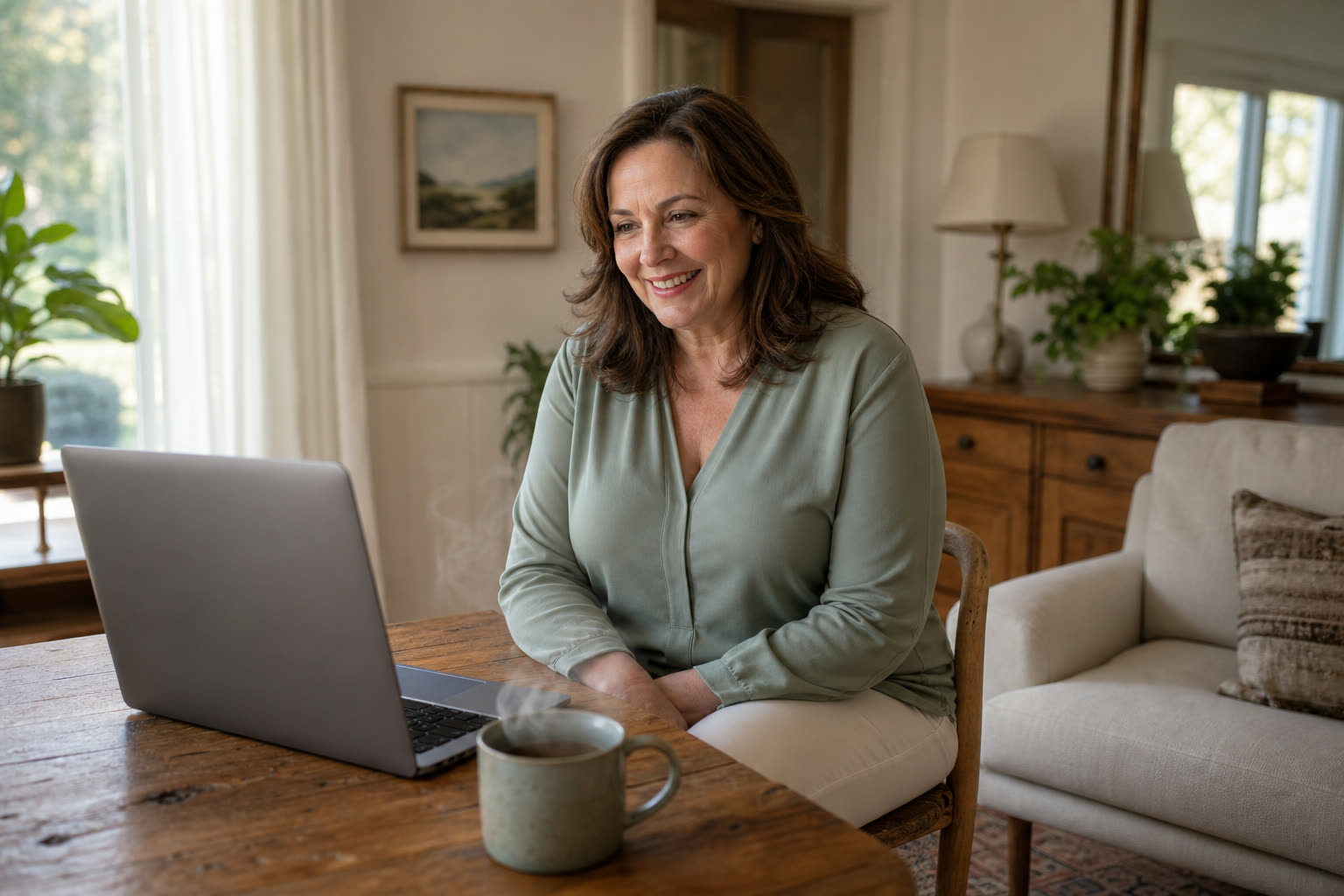 A portrait of a woman at a kitchen table, smiling at her laptop mid conversation