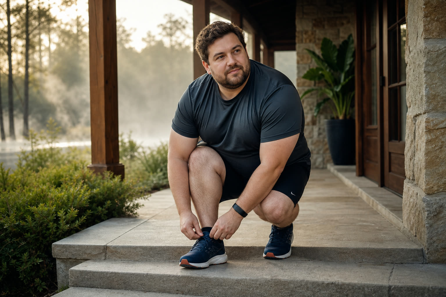 A early 30s man with a full-figured curvy build lacing running shoes on a porch step at dawn, ready to start
