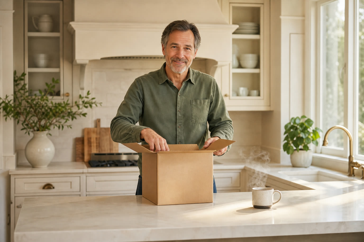 A man opening a plain unmarked delivery box at his kitchen counter, coffee steaming beside him