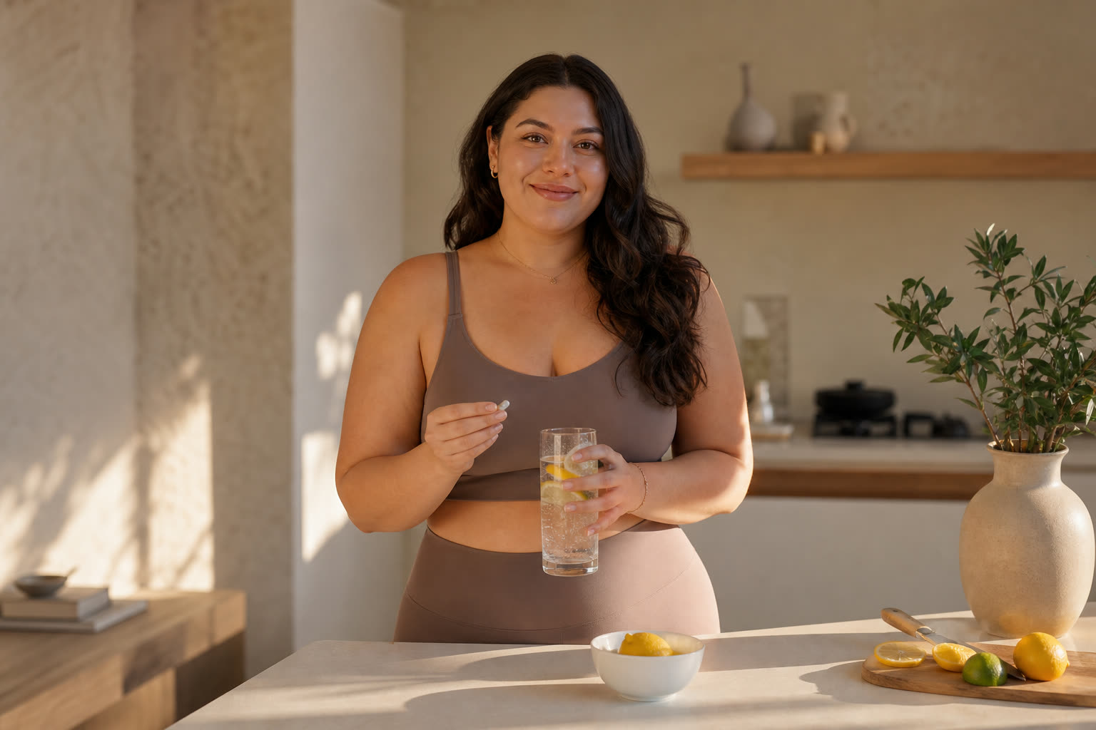 A late 20s woman with a plus-size build with a morning routine of a supplement and citrus water at a bright counter