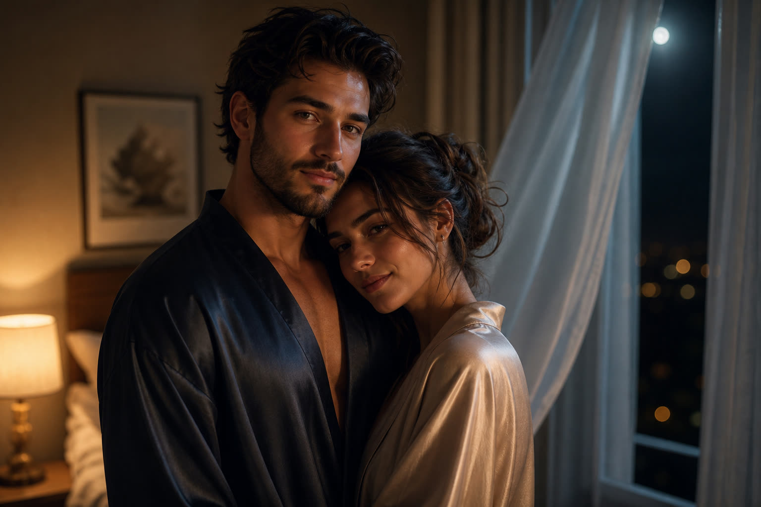 A couple in a slow barefoot dance at the foot of the bed at midnight