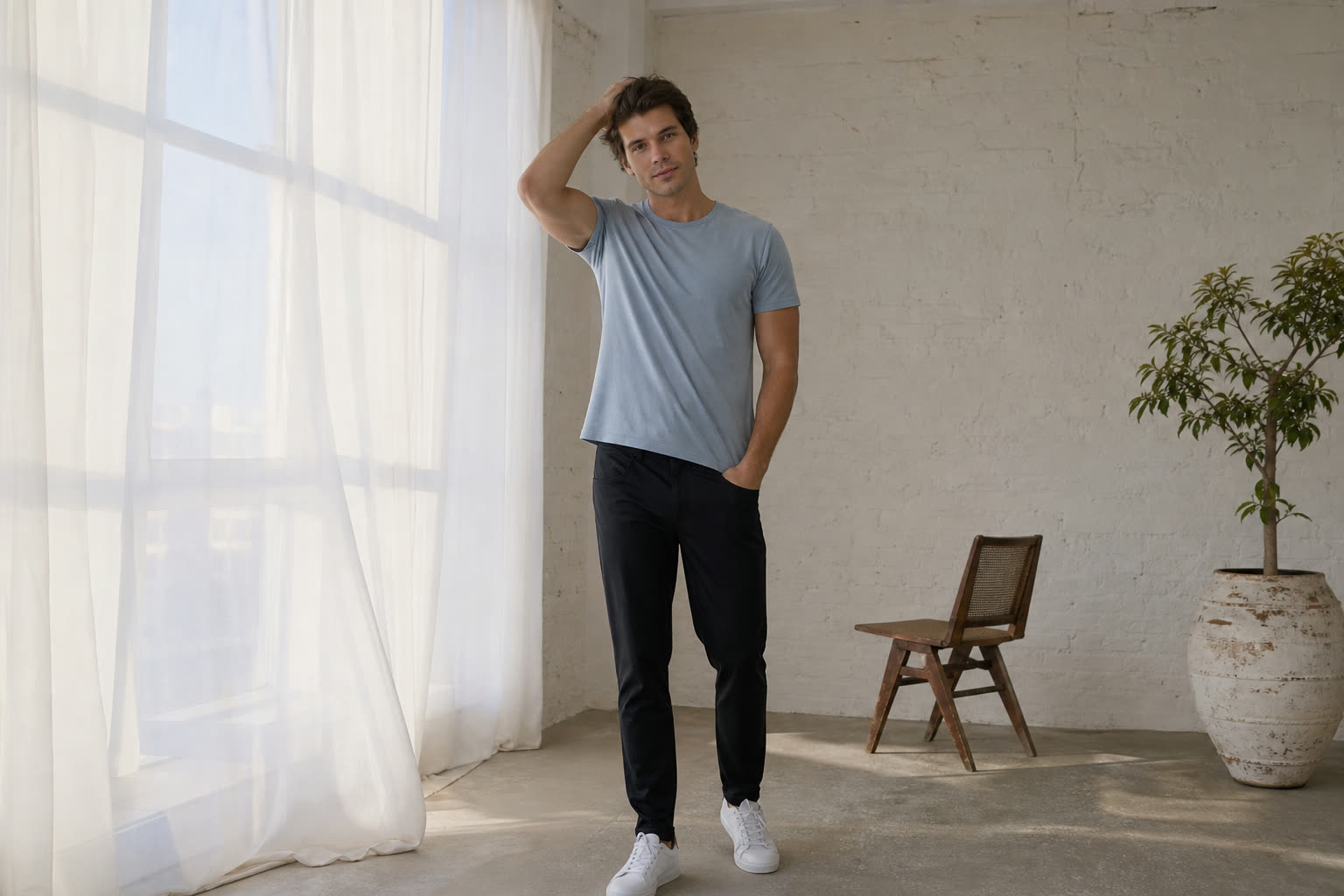 A early 20s man with a athletic build running a hand slowly through thick regrown hair by a tall window