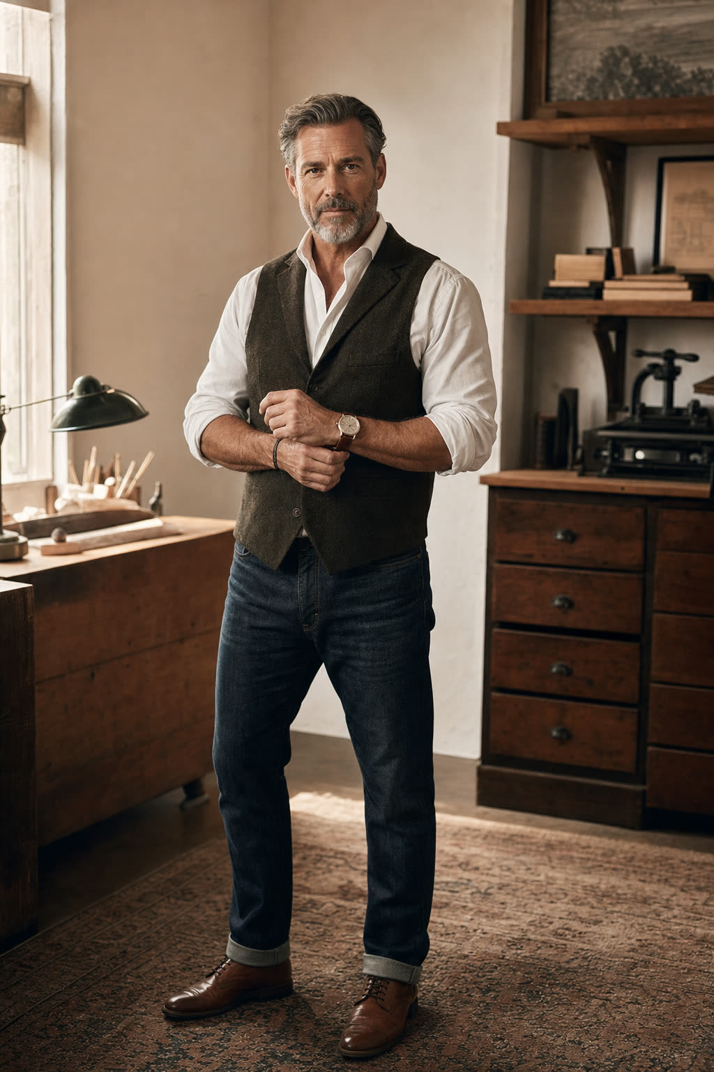 A man in his 50s fastening a watch at his wrist in warm workshop light, calm and strong