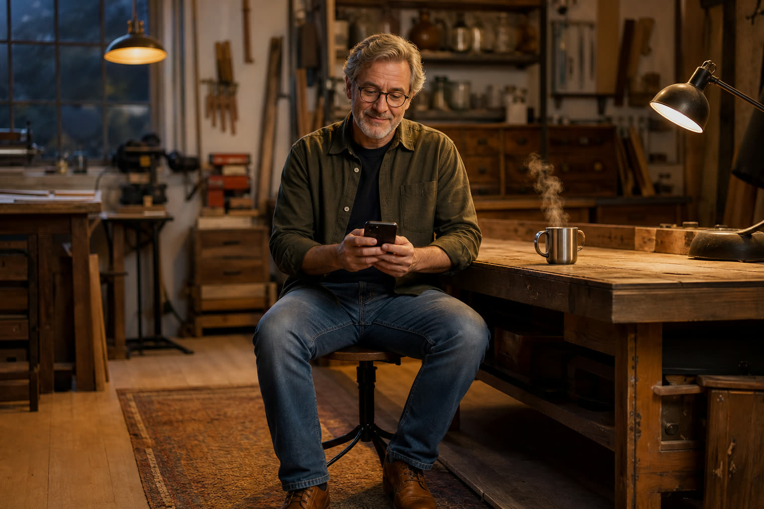 A man completing a short questionnaire on his phone at a workshop bench, coffee steaming