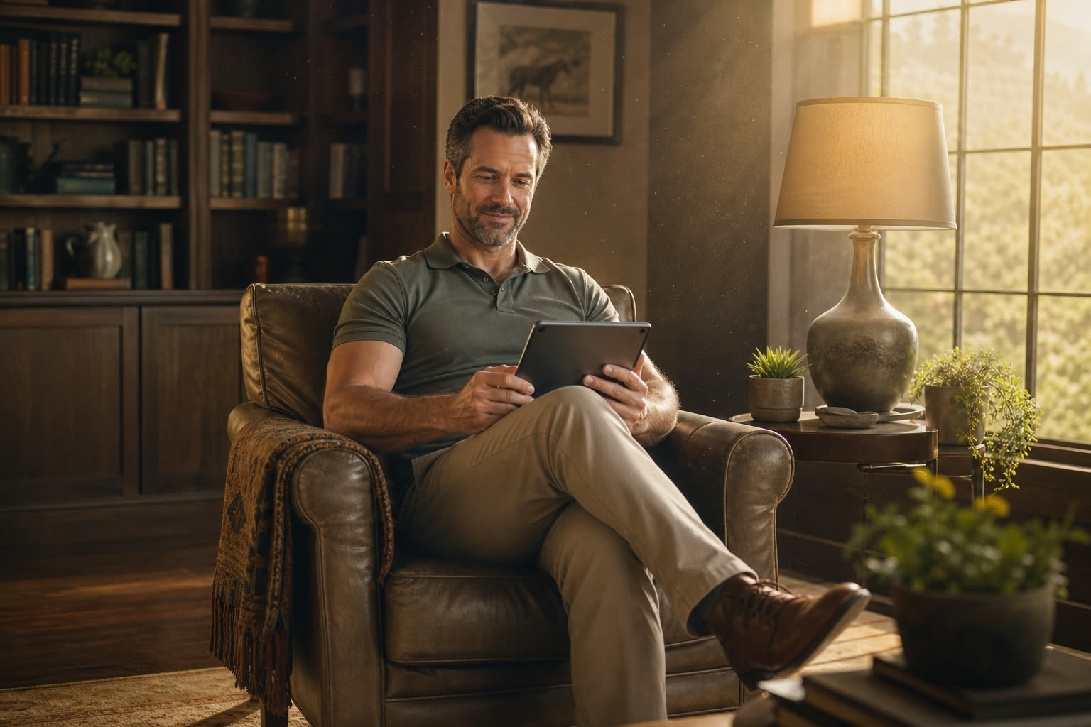 A 40s man with a fit muscular build reading their plan summary on a tablet in an armchair, nodding