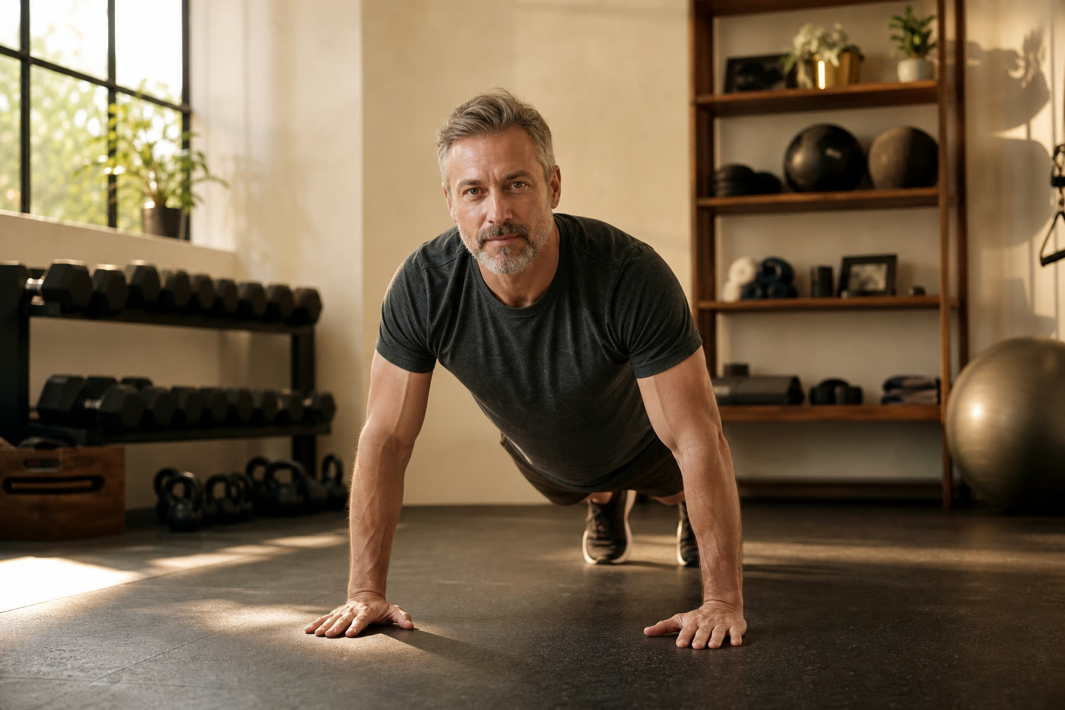 A man in his 50s finishing push-ups in a tidy home gym, strong and unhurried