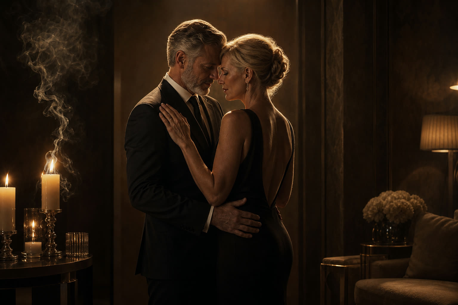 An elegant couple in their 50s holding each other close in warm low light, foreheads touching