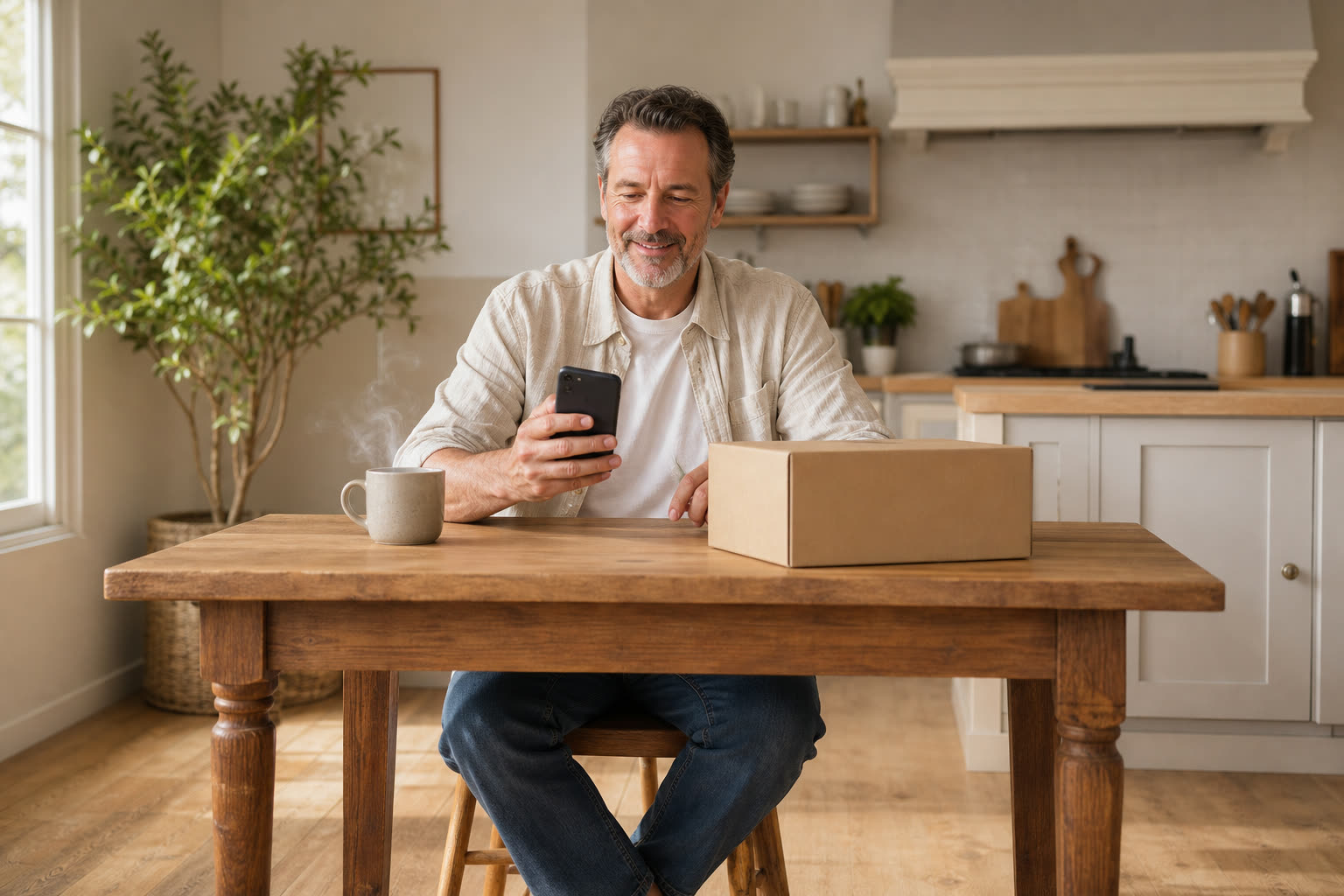 A man reading a message at a sunlit kitchen table beside a plain unmarked delivery box
