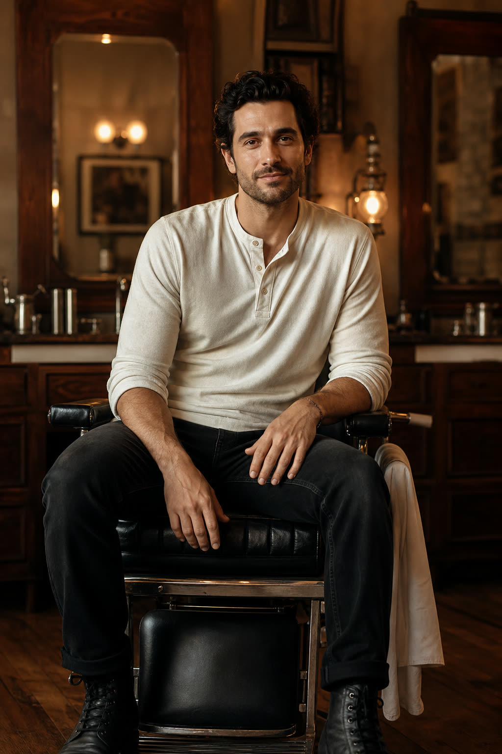 A man in his 30s with thick dark hair in warm barber-shop light, confident and easy