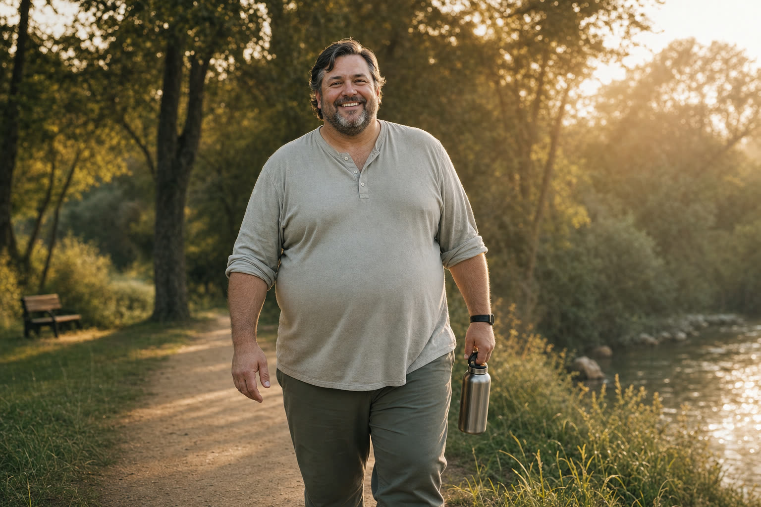 A heavier man mid-journey walking a morning path with purpose and a wide smile