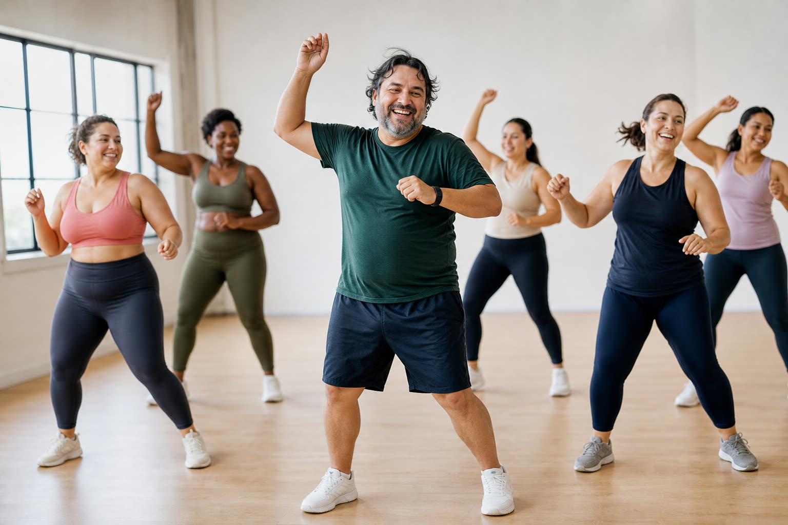 A 40s man with a soft curvy build mid-laugh in a dance workout class, arms raised