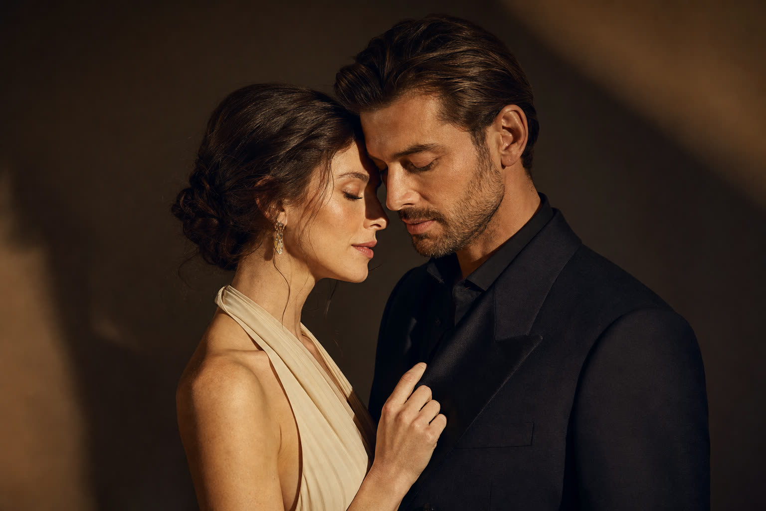 Two faces nearly touch in warm sculpted light, eyes closed in a moment of elegant intimacy