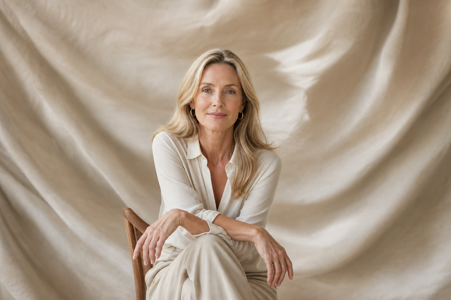 A slow wave of oat-colored silk catches soft studio light