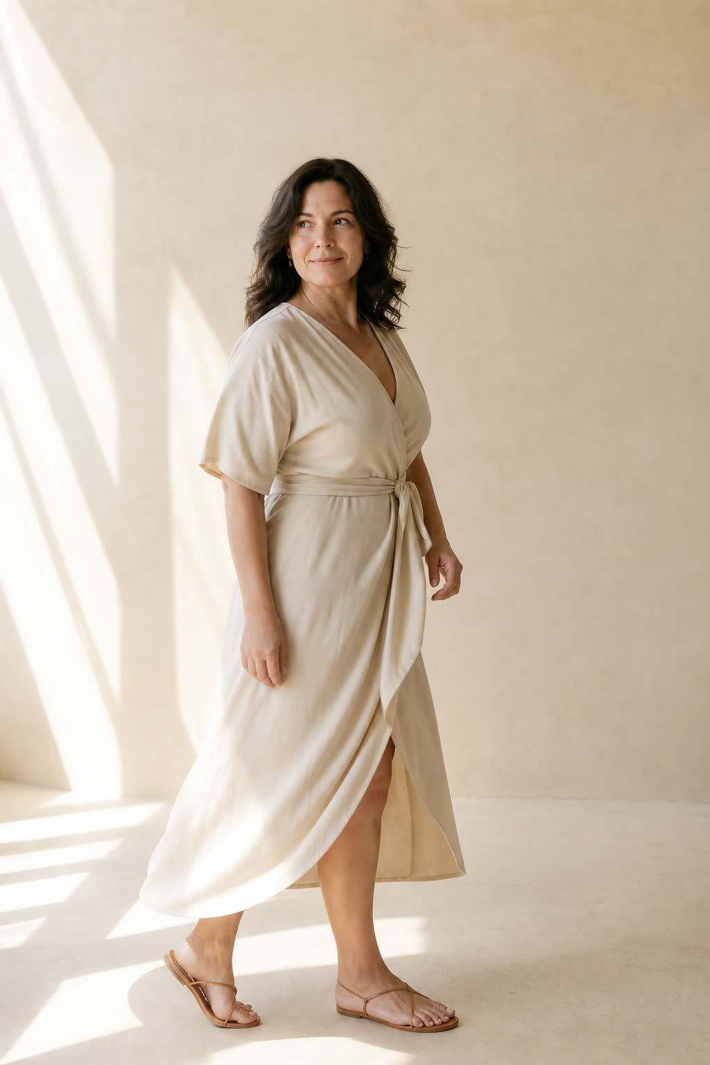 A woman with a soft, strong build turns toward the light with a slight knowing smile, editorial profile